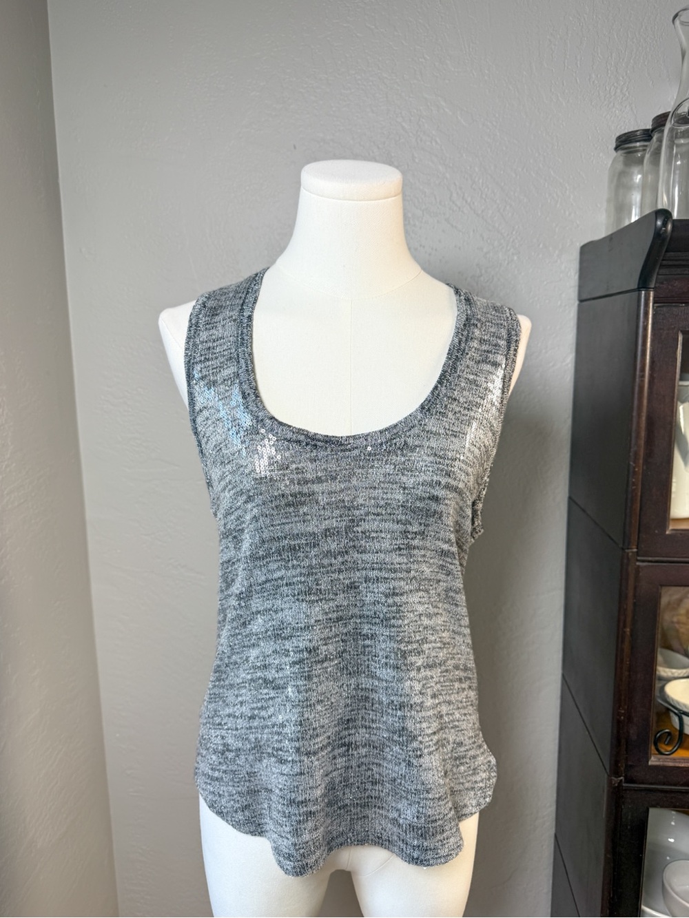 Pilcro Gray Metallic Sequin Knit Tank Top Sparkle Sleeveless Size L